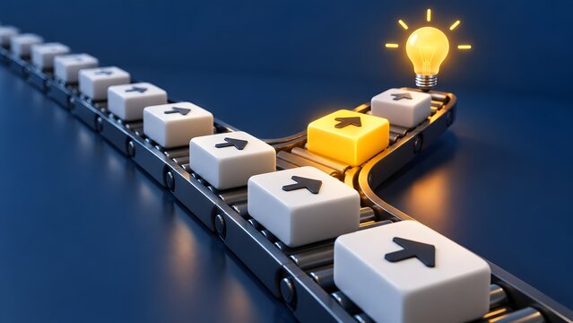 Innovation leadership concept with yellow glowing lightbulb cube diverging from standard conveyor belt path representing unique business idea