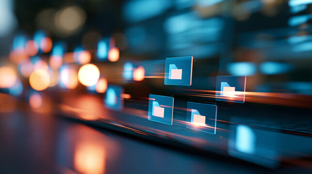 Digital transformation and data compilation, multiple file icons feeding into an organized system, futuristic information processing concept, with copy space