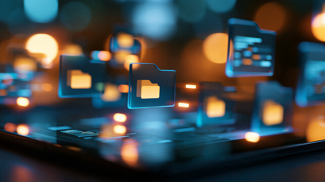Digital transformation and data compilation, multiple file icons feeding into an organized system, futuristic information processing concept, with copy space