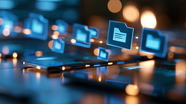 Digital transformation and data compilation, multiple file icons feeding into an organized system, futuristic information processing concept, with copy space