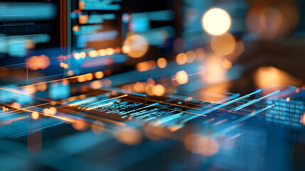 Abstract data transfer between code and database modules on a futuristic digital interface, software development and information exchange, with copy space