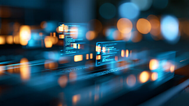 Abstract data transfer between code and database modules on a futuristic digital interface, software development and information exchange, with copy space