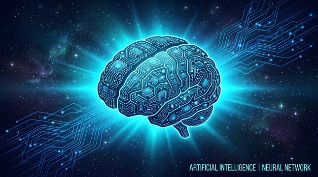 Glowing circuit brain merging with high-speed digital pathways and binary lines in a cosmic space environment, symbolizing artificial intelligence.