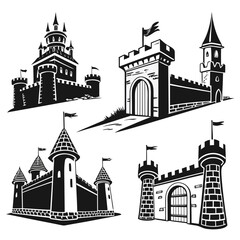 Obraz premium Collection of four black and white medieval castle silhouettes with towers, flags, and gates, isolated on a white background, set