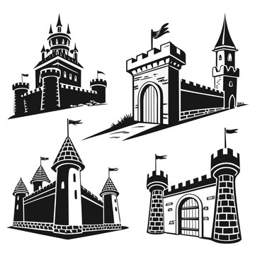 Collection of four black and white medieval castle silhouettes with towers, flags, and gates, isolated on a white background, set