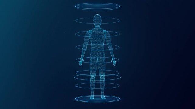 Digital human body wireframe model surrounded by scanning rings on a dark blue background