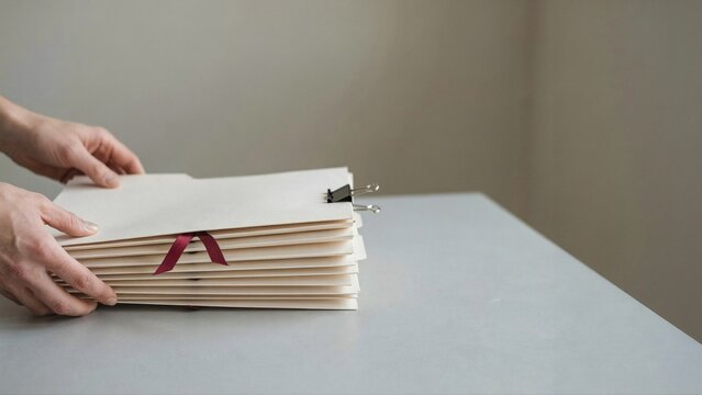 Hands organizing stack of business documents and folders on office desk, Close up of person holding paperwork files with binder clip on desk, Office worker sorting paper documents and folders 