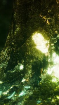 A light shines through an uneven and reflective surface in a dim space. The light creates patterns and reflections, showing colors in a unique way.