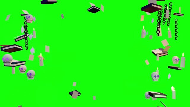 Floating Halloween Skulls Spellbooks And Candles With Hanging Metal Chains On Bright Green Screen Background For Compositing