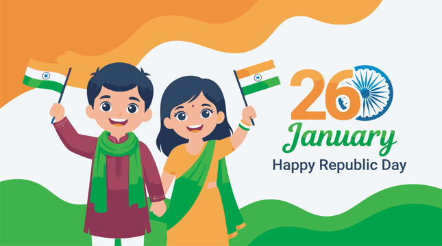 Republic Day Happy Republic day vector graphic featuring cute children with flags and 26th January text India
