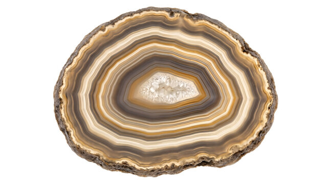 Polished natural brown agate geode stone slice slab on transparent background. Translucent banded chalcedony mineral rock. Crystalline mineral specimen jewelry lapidary creates visual.