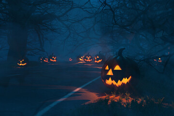 Fototapeta premium Spooky Halloween road at night with glowing Jack-o'-lanterns leading into a misty forest of bare branches. One large, carved pumpkin is on the foreground right. Eerie and mysterious.