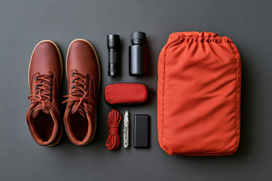 Compact survival kit includes brown boots, flashlight, rope and an orange bag. Emergency readiness, outdoor equipment, disaster supplies, personal safety.