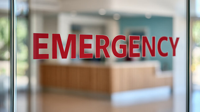Emergency sign is printed on glass doors leading into a bright hospital reception. Medical entrance, urgent care, healthcare facility, public access.