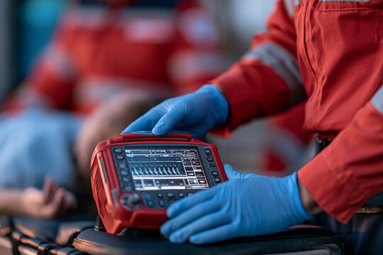 Gloved paramedic uses a portable monitor beside a patient. Emergency medicine, healthcare equipment, vital assessment, rescue response.