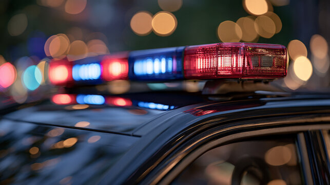 Close up of flashing police lights on a patrol car at night. Emergency response, law enforcement, public safety, urban warning.