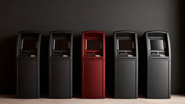 Five modern freestanding ATMs stand in a frontal lineup against a dark wall. Banking equipment, cash access, financial technology, public service.
