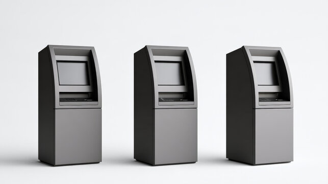 Three sleek gray ATMs are isolated on a white background. Banking machines, financial technology, cash access, commercial equipment.