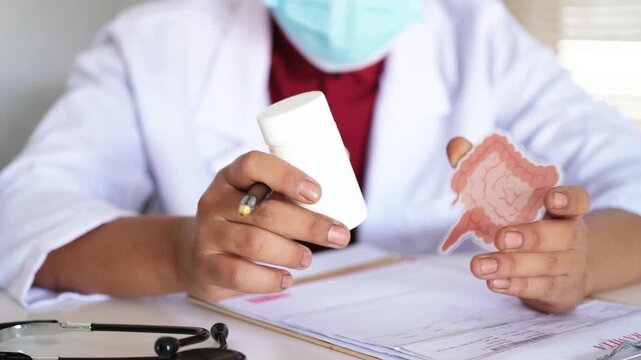 A doctor holding a model of a human intestine and a medicine bottle. The concept of care and treatment of intestinal diseases.
