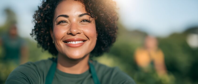 Cheerful woman with curly hair, wearing a green apron, stands in a sunlit garden
