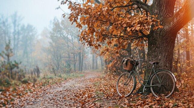 Cozy autumn scene with a vintage bicycle leaning against a large oak tree in a misty forest covered with fallen leaves