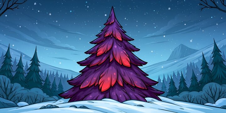 Twilight forest with glowing pine tree under starry sky