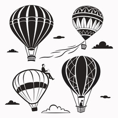 Collection of four black and white hot air balloon with people and clouds on a plain white background, for travel themes © Mahibul