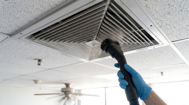 Worker in blue glove cleaning dusty ceiling air vent diffuser with vacuum brush attachment in office for HVAC maintenance ventilation hygiene and indoor air quality