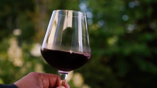 Close-up view of deep red wine being swirled in a glass, creating slow trails along the sides as part of a traditional wine tasting and quality evaluation.