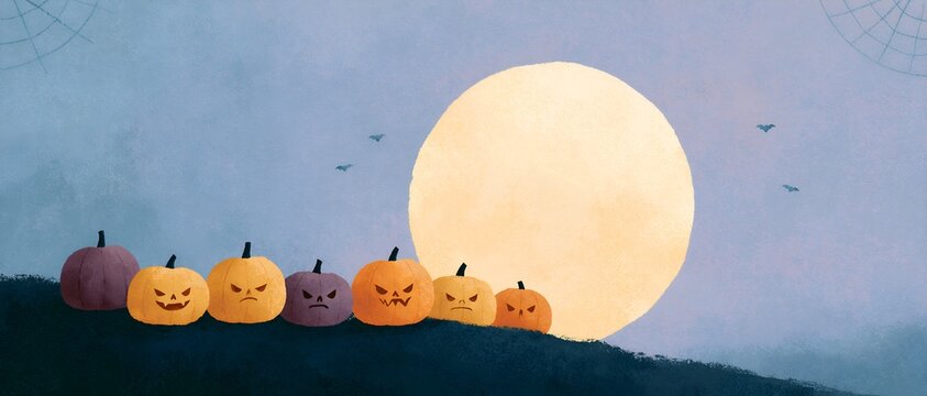 Illustration of pumpkins watching full moon rise on Halloween night