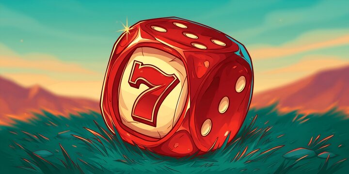 Seven-faced die rests on grass at sunset
