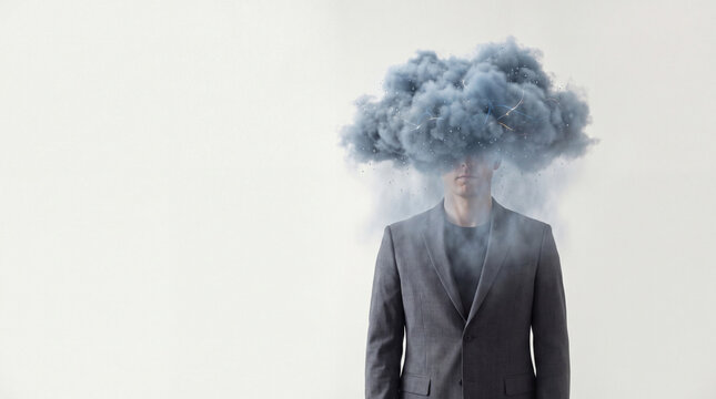 Person cloud rain suit smoke head storm emotion mood concept fog mist water weather sky grey dark gloomy surreal abstract isolated standing male adult business formal jacket office thinking stress