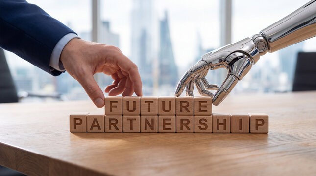 Future partnership human robot block teamwork business concept with hand and robotic hand arranging wooden cube on table in office