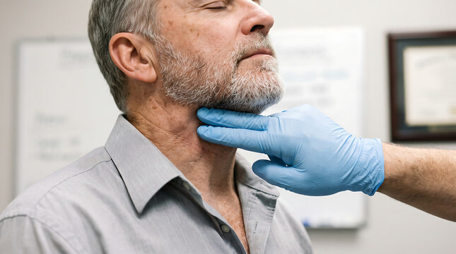 Doctor wearing blue nitrile glove palpating neck of senior bearded man to check swollen lymph nodes and thyroid during medical examination in clinic for health screening