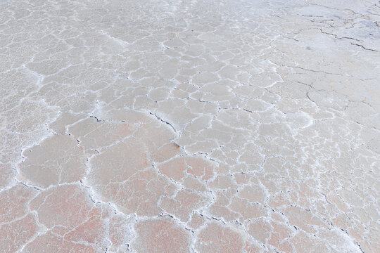 Aerial view of the dry edges of the Great Salt Lake basin, showcasing intricate salt crystal patterns and textures formed by evaporating water in Ogden, Utah, United States.