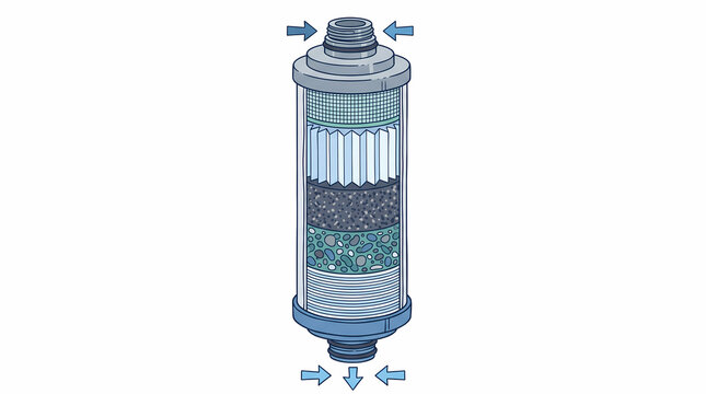 Multi Stage Shower Water Filter Cartridge Cutaway Hand Drawn Illustration Activated Carbon KDF Mineral Ball Filtration System Isolated on White Background   