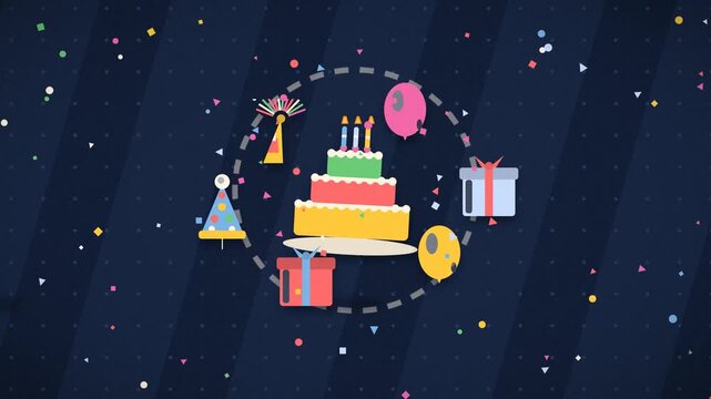 Celebratory cake with gifts and balloons rotates against a confetti filled backdrop birthday celebration party dessert presents