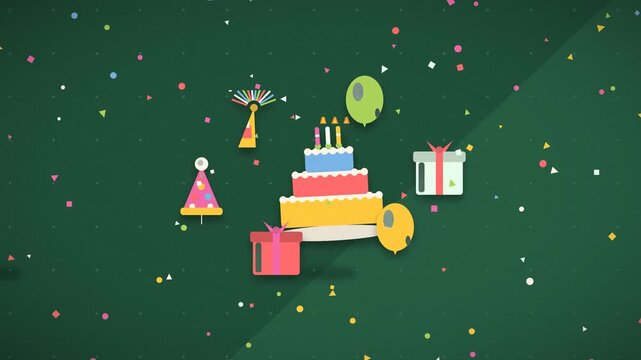 Colorful birthday cake and presents float amidst confetti on a dark teal background celebration festive party