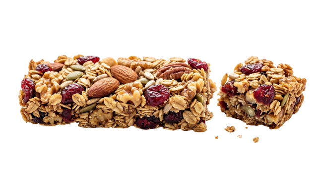 Healthy granola cereal bar with nuts and red dried cranberries