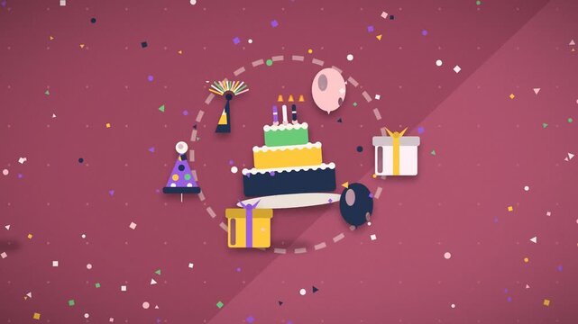 Festive birthday cake receives gifts amid colorful confetti celebration celebration presents party decorations occasion anniversary sweet