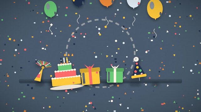 Confetti rains down as a hand reaches for a decorated birthday cake with gifts celebration presents