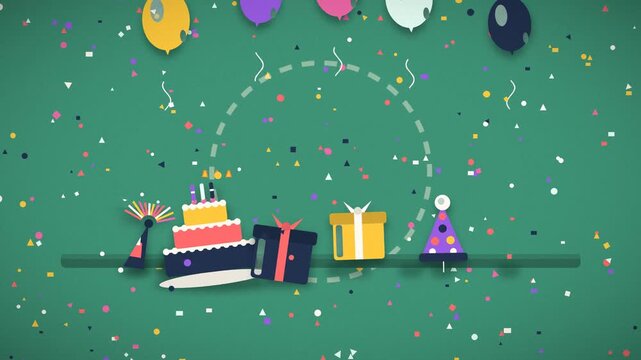Birthday cake receives falling confetti and floating balloons in a festive celebration celebration party dessert sweet