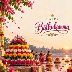Fototapeta na wymiar Happy bathukamma festive celebration scene with floral arrangement by the river