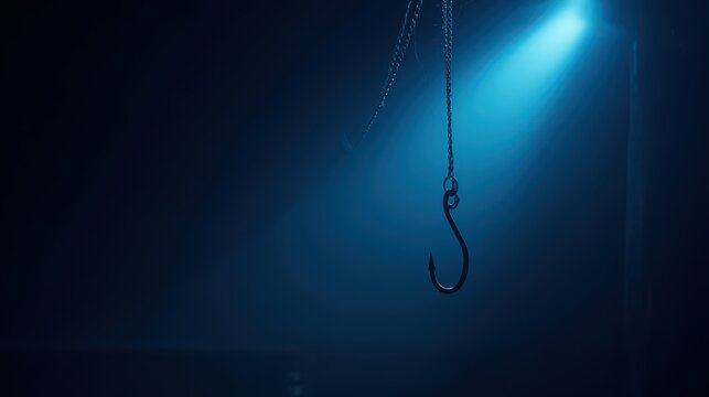 Fishing hook suspended in dramatic blue spotlight against dark background symbolizing temptation and deception