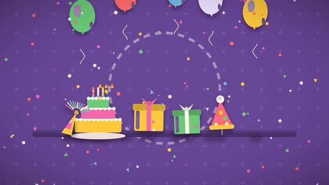 Decorated birthday cake receives falling confetti and balloons in a festive celebration celebration party layered candles