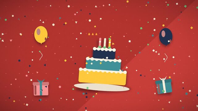 A tiered birthday cake receives falling confetti and a floating balloon celebration frosting candles balloon gifts