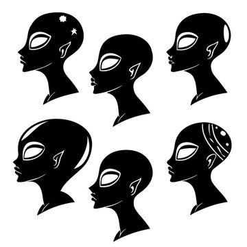 Set of six black and white alien head silhouettes with different patterns and shapes on a plain white background, for science fiction themes