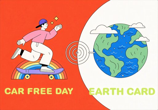 Illustrative Car Free Day and Earth Card Concept Design.