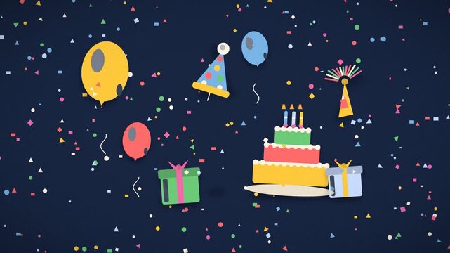 Birthday cake with candles and gifts floats amidst celebratory confetti and balloons celebration balloons party festive