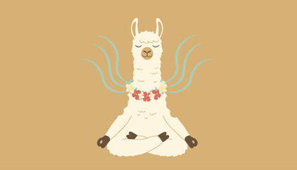 Fototapeta premium Calm white llama cartoon character meditating in lotus pose wearing a colorful tropical flower garland on a warm beige background.